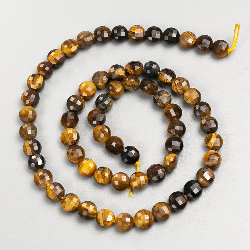Tiger's Eye Beads Faceted Coin Shaped on Thread, 6.5×5 mm, Hole 6.5×5 mm, length 39 cm