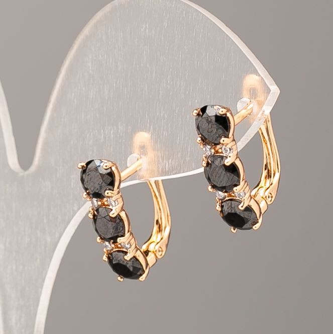 Xuping Earrings with Black Stone and White Rhinestones, 17x5 mm, 18K Gold Plating