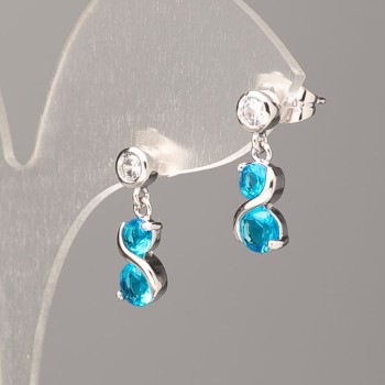 Earrings Rhodium Plated with White Rhinestones and Blue Stones 16×6 mm+