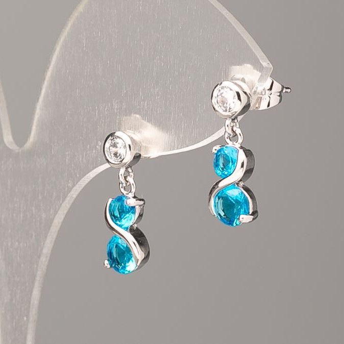 Earrings Rhodium Plated with White Rhinestones and Blue Stones 16×6 mm+