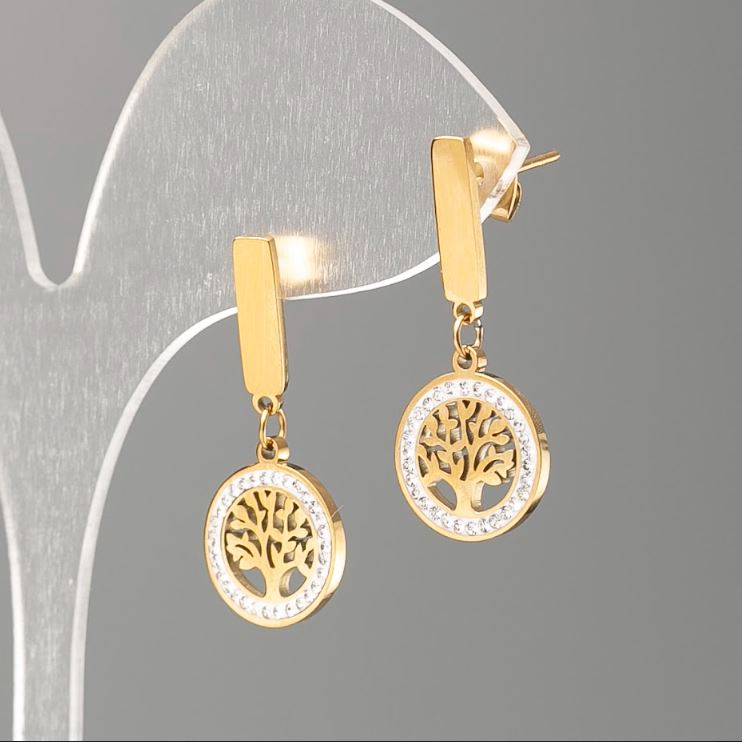 Earrings Xuping Gold Plated Studs Tree with White Rhinestones, 12mm diameter, 2.8 cm length