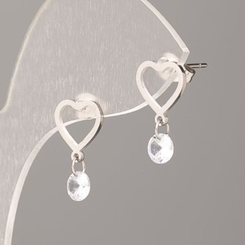 Earrings Studs Xuping Heart with White Stone, 11mm Diameter Rhodium Plated