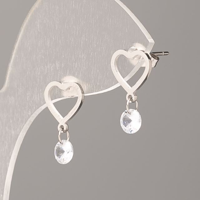 Earrings Studs Xuping Heart with White Stone, 11mm Diameter Rhodium Plated