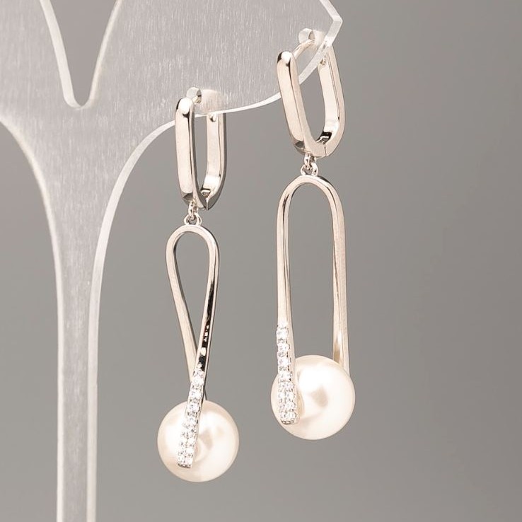 Xuping Earrings with Mallorca Pearls, 12 mm diameter, 4.5 cm length, Rhodium-plated