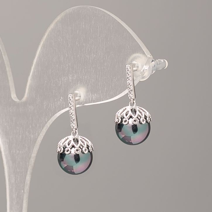 Earrings Xuping with Mallorca Pearls black with benzene tint, 9mm pearl diameter, 18 mm length, rhodium-plated