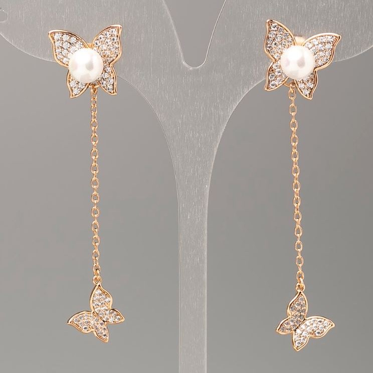 Xuping Earrings with Mallorca Pearls and White Stones 13x13mm, 6cm Length, 18K Gold Plating