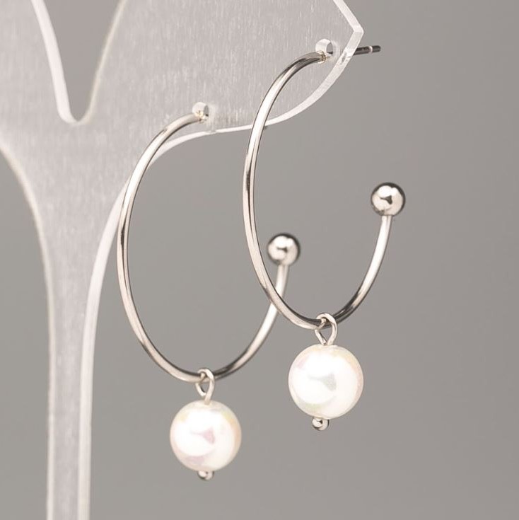 Xuping Earrings with White Mallorca Pearl 30x8mm Rhodium