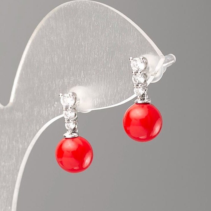 Xuping Earrings with Red Mallorca Pearls and White Crystals, 8mm Diameter, Rhodium