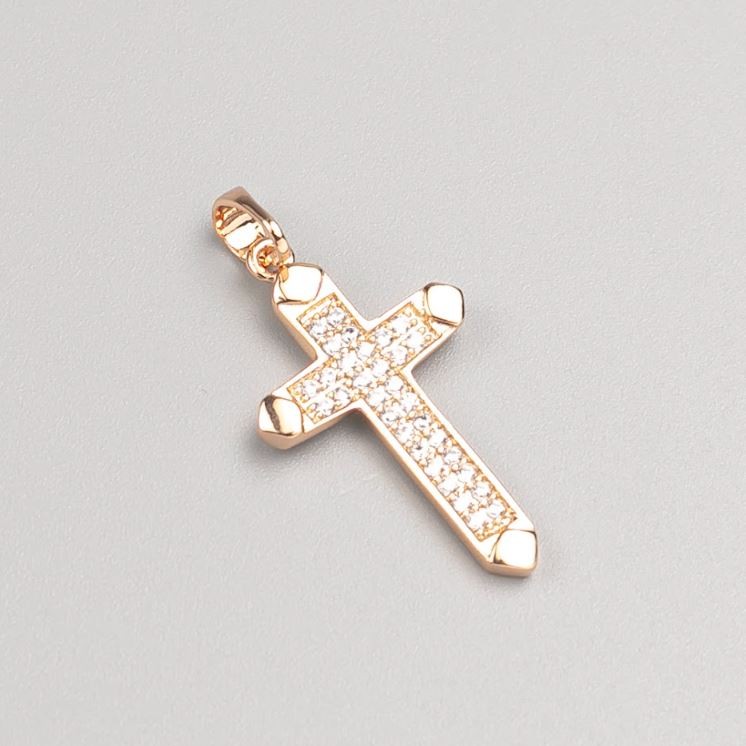 Xuping Cross Pendant in 18K Gold Plating with White Crystals, 26×15.5 mm, 5 mm+