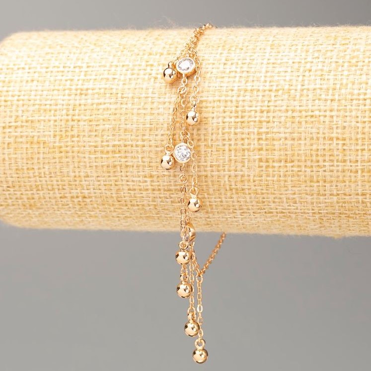 Xuping Bracelet, 18K Gold Plating, length 18-20 cm, thickness 1.5 mm, with small beads, diameter 4 mm, with white crystals