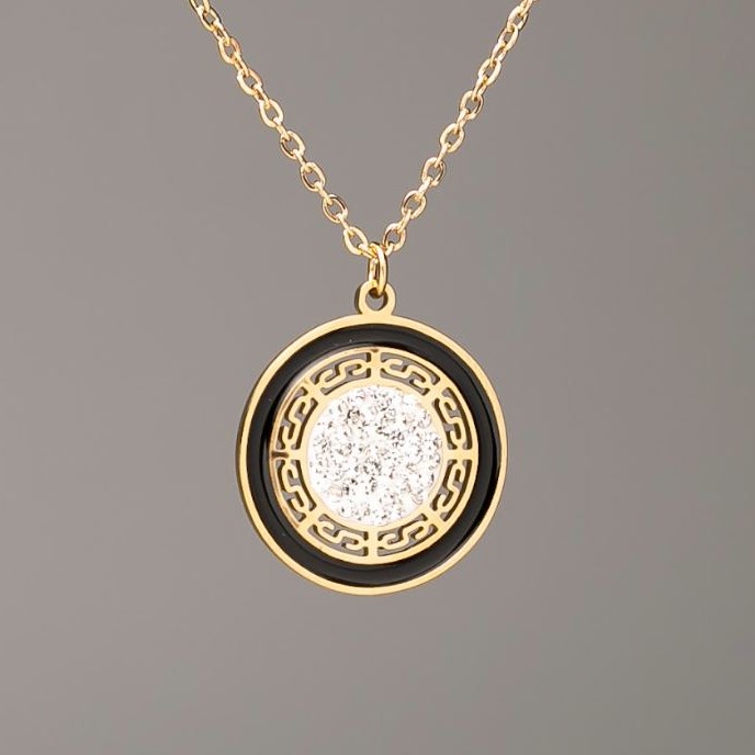 Xuping Chain with Pendant Gold Plating Lemon Tone with Black Enamel and White Rhinestones, diameter 18mm±, length 46-52cm±, thickness 1.5mm±