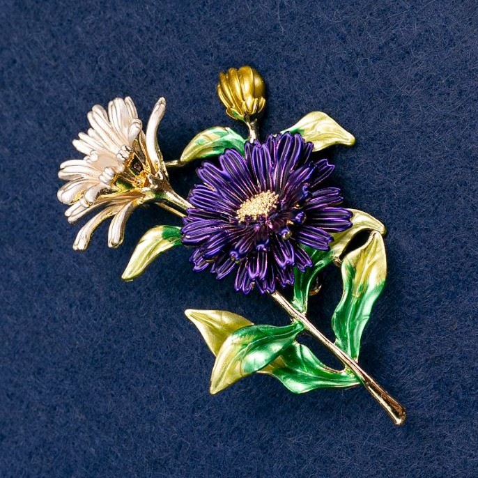 Brooch-Pendant Daisy Flower Enamel, Gold-tone Metal 63x50mm