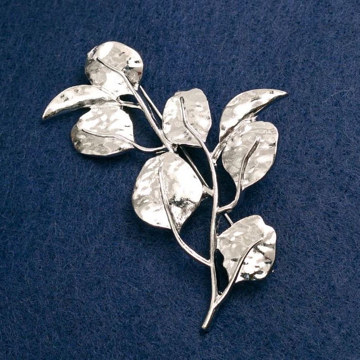 Brooch - Branch with Leaves, silver-toned metal 62x40mm