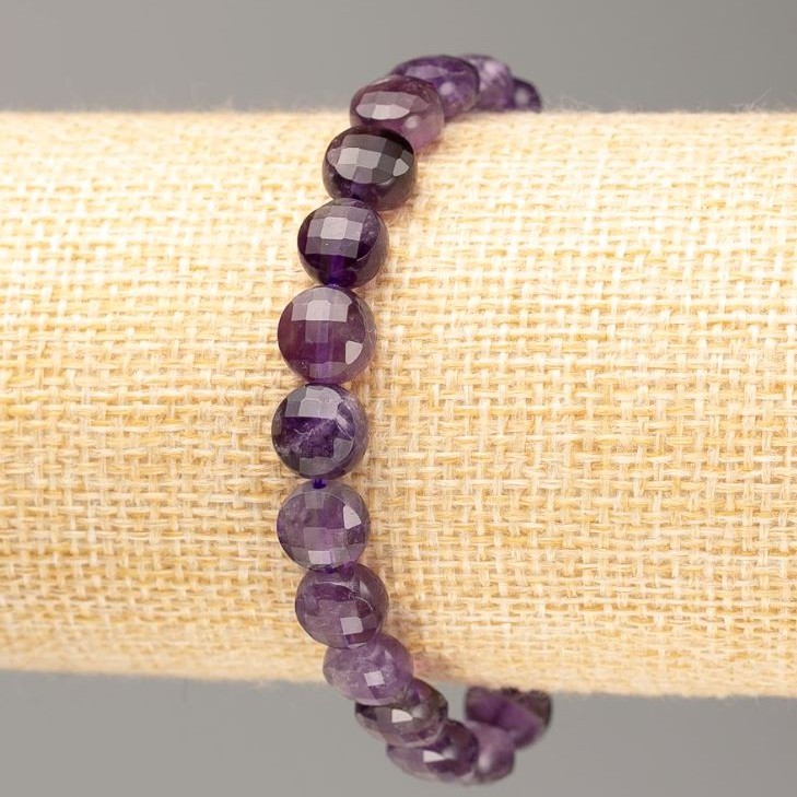 Bracelet with natural amethyst, faceted coin beads, diameter 8x5mm, length 18cm, elastic stretch