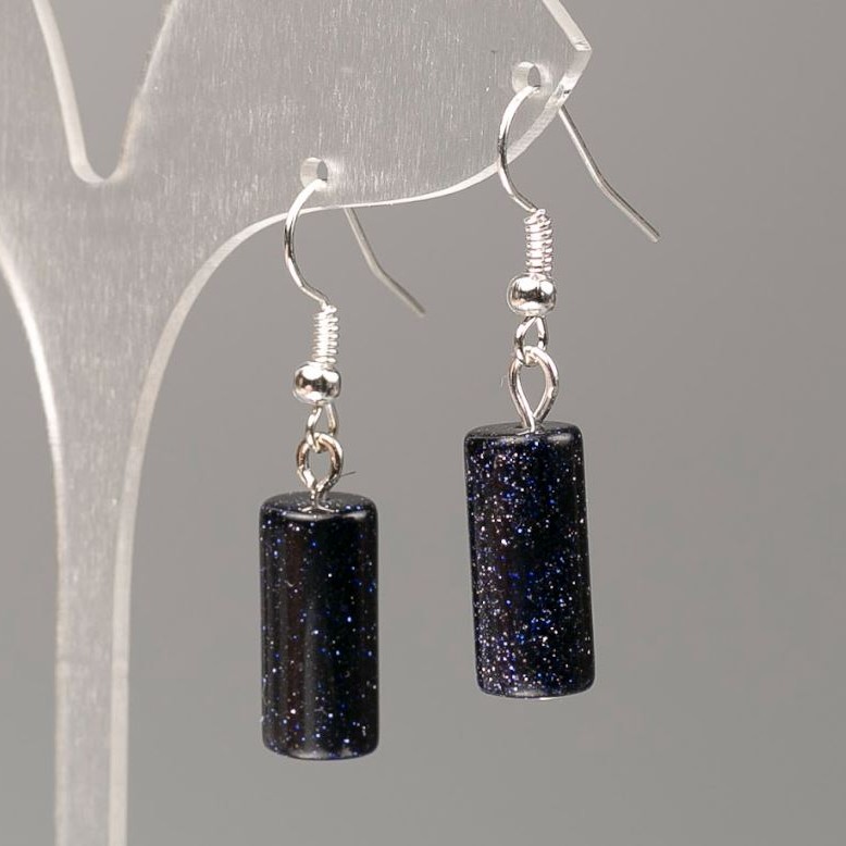 Earrings Aventurine Blue Sand Cairo Night Cylinder, diameter 18x8mm+