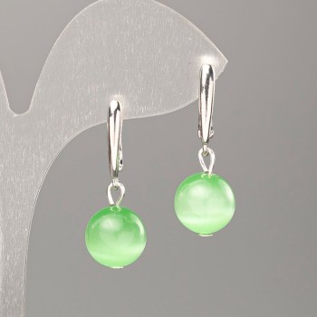 Natural stone earrings Cat's Eye green, diameter 10mm ±, length 31mm ±