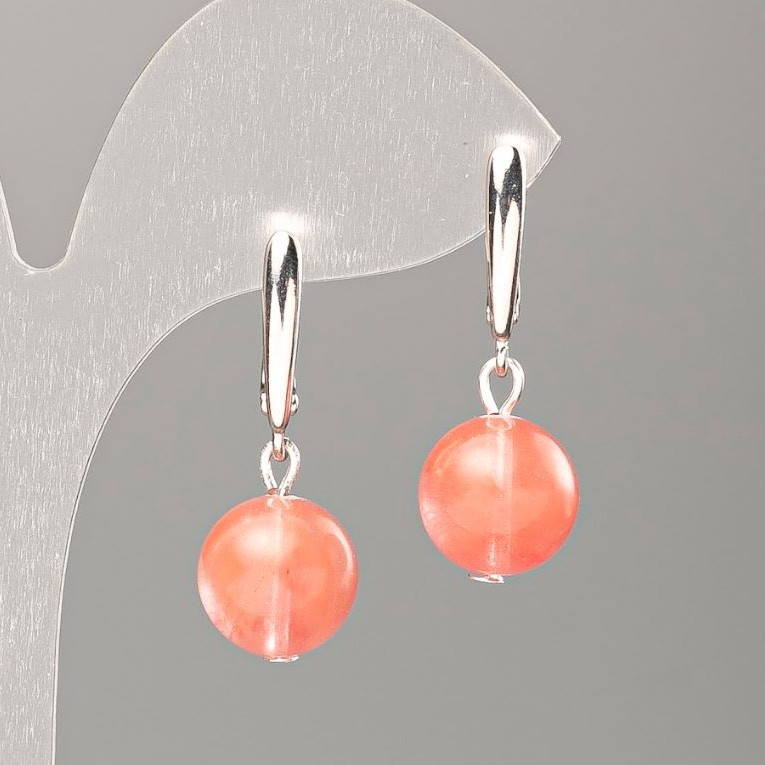 Chalcedony Earrings, natural, smooth round beads, diameter 12±mm, length 31mm+