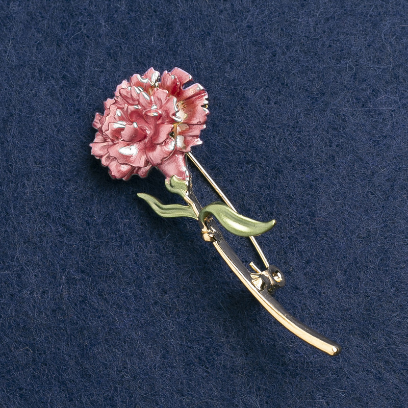 Brooch Flower Carnation Enamel Pink, Golden Metal 59x24mm