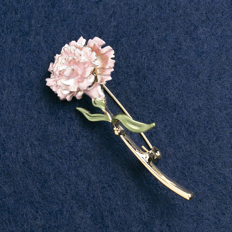 Brooch Flower Carnation enamel light pink, golden metal 59x24mm