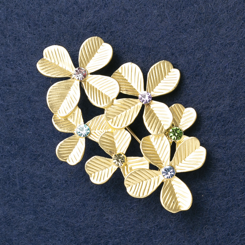 Brooch Leaves enamel yellow, with rhinestones, golden metal 57x40mm