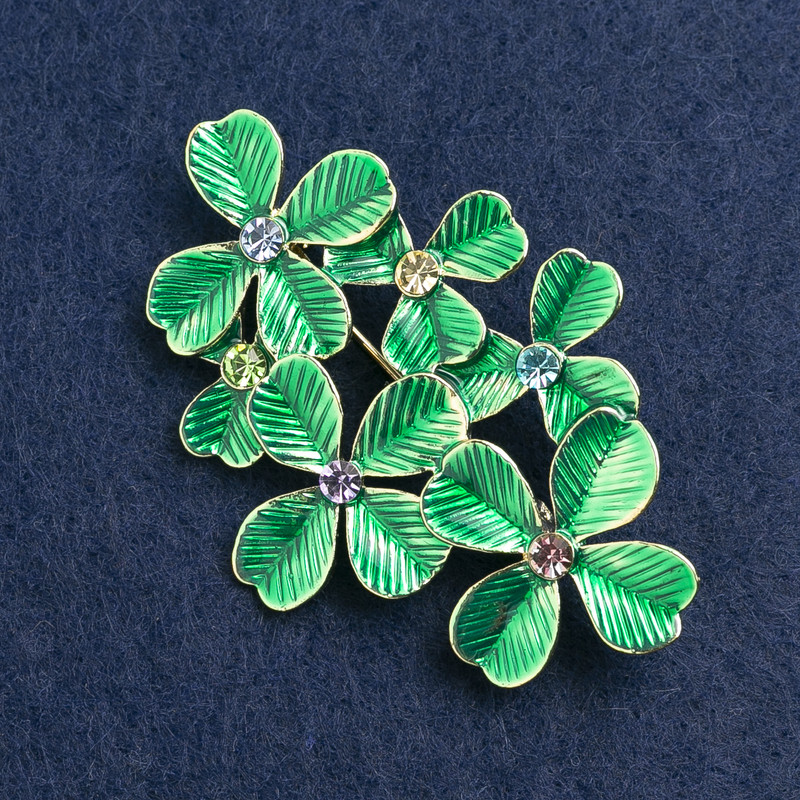 Brooch Leaves Enamel Green with Rhinestones, Gold Tone Metal 57x40mm