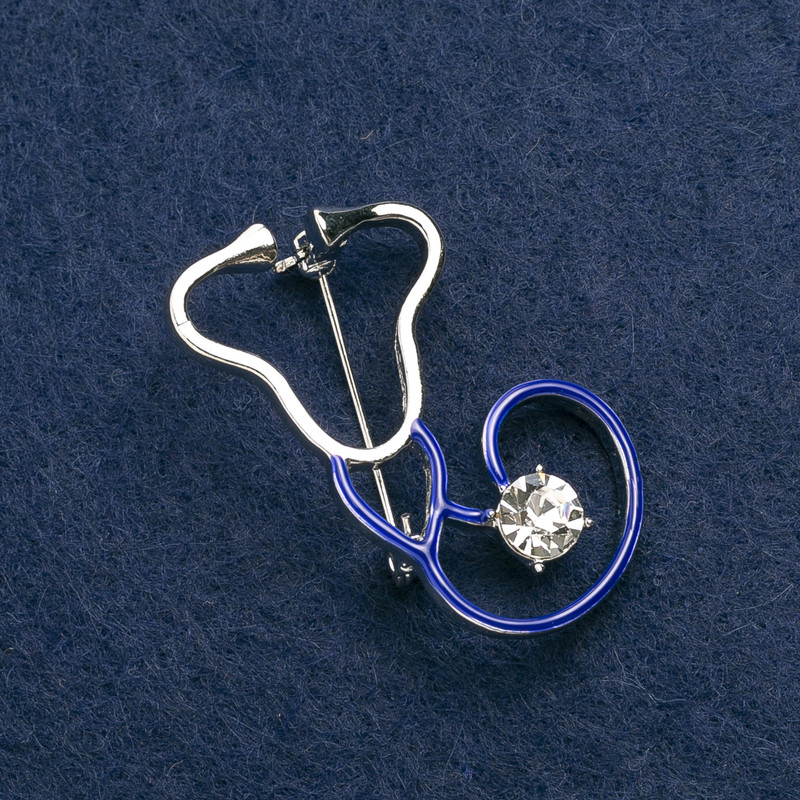 Brooch Stethoscope enamel blue, with white stone, silver metal 44x25 mm