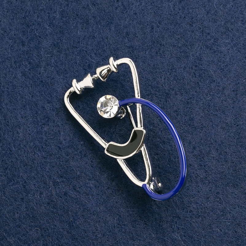 Brooch Stethoscope enamel black and blue, with white stone, silver metal 43x24 mm