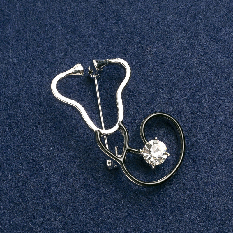 Brooch Stethoscope Enamel Black, with White Stone, Silver Metal 44x25 mm