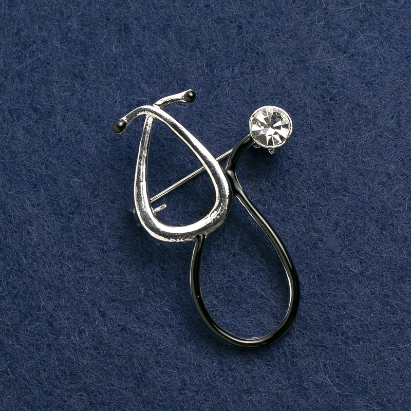 Brooch Stethoscope Enamel Black, with White Stone, Silver Metal 44×29 mm