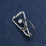 Brooch—Stethoscope Black Enamel with White Stone, Silver Metal 43x24 mm