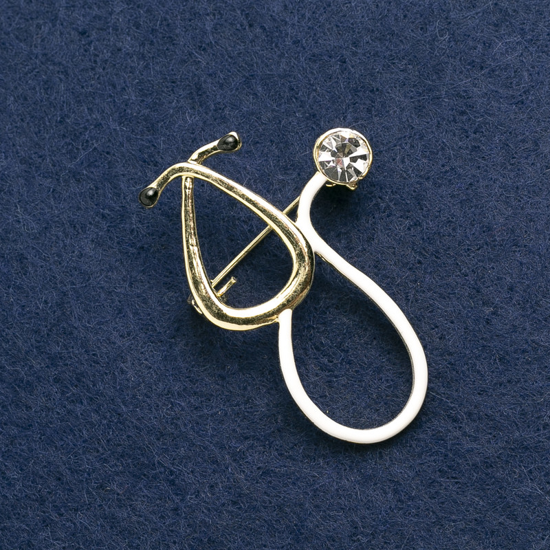 Brooch Stethoscope White Enamel with White Stone, Golden Metal 43x29mm