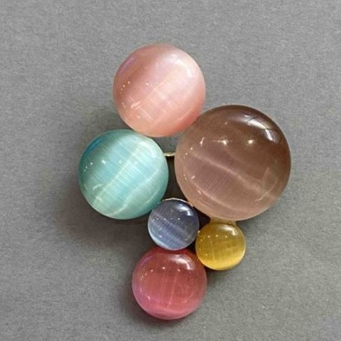 Brooch Accent, cat's eye stone, multicolor, silver metal 45x35mm