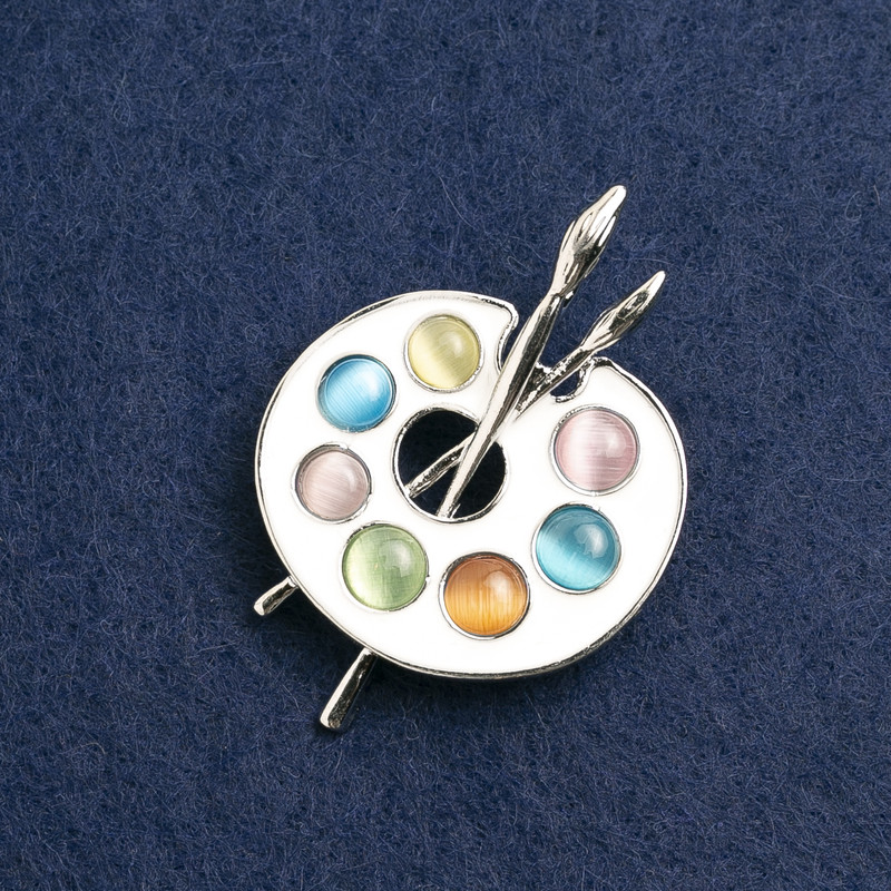 Brooch Palette, multicolored enamel, silver metal 46x34mm