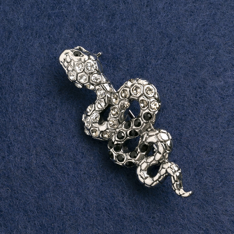Brooch Snake with White and Black Rhinestones, dark-silver metal 55x25mm