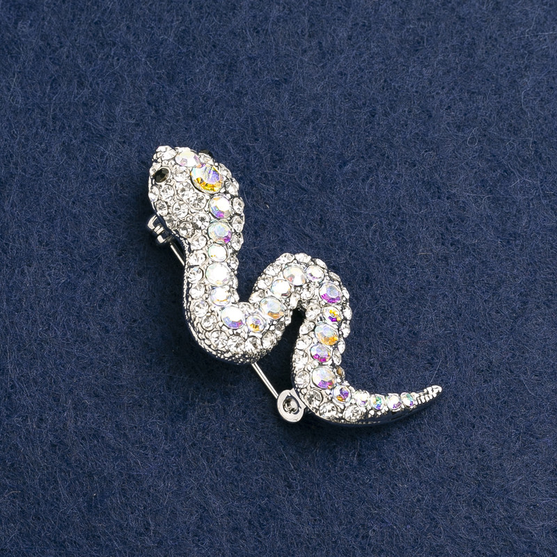 Brooch Snake with White and Pink Rhinestones, Silver Metal 45x22mm