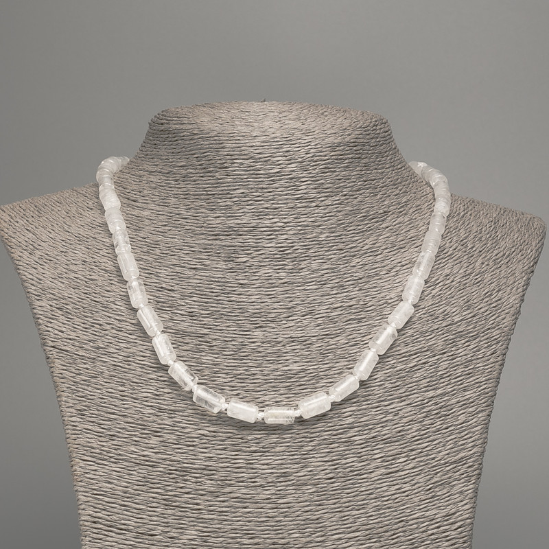 Necklace with Mountain Crystal Natural Stone Smooth Cylindrical Beads, 10x6mm Diameter, Length 48cm