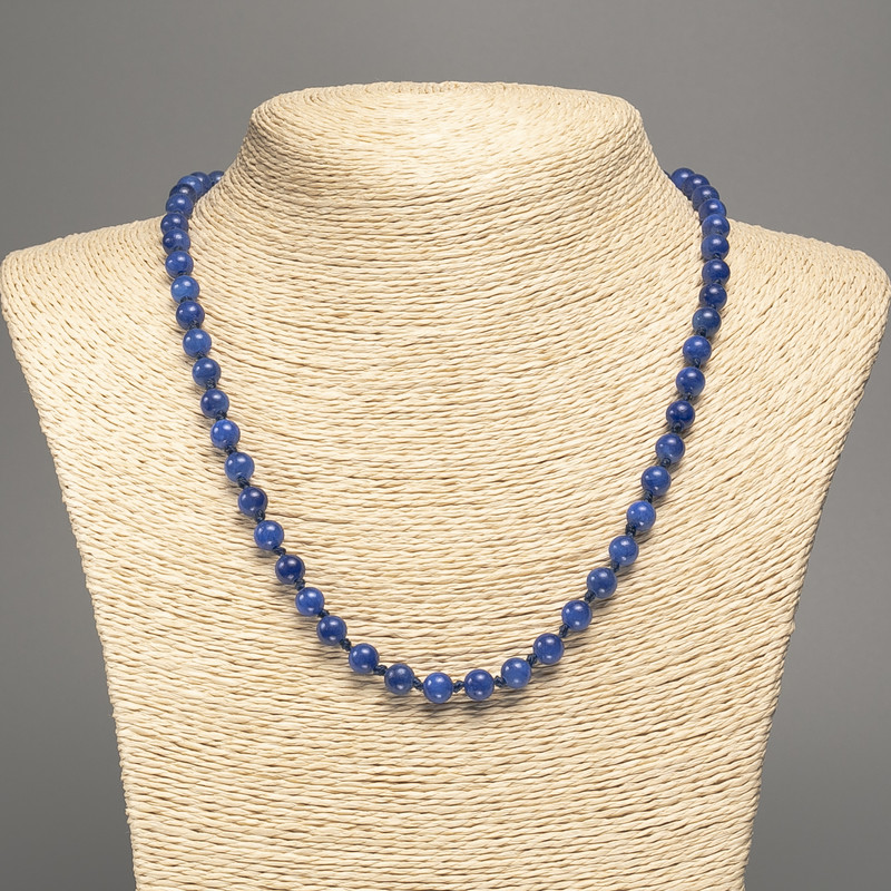 Necklace Blue "Lazurit" smooth bead, diameter 6mm ±, length 50cm ± with white Jadeite stone (synthetically dyed)