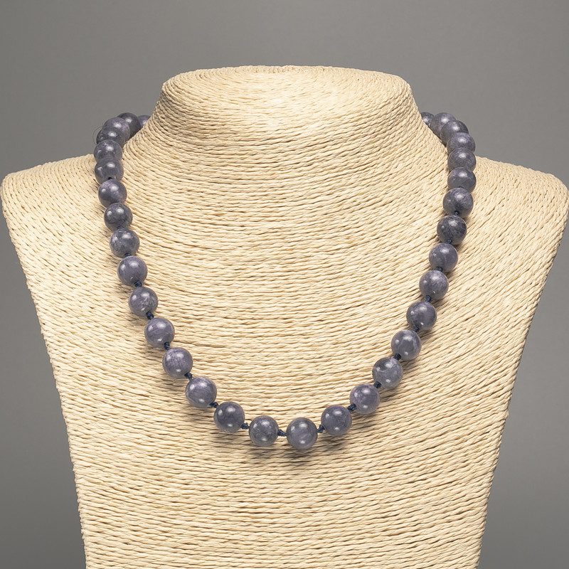 Necklace "Charoit" smooth bead, diameter 10mm±, length 50cm± with white jadeite stone (synthetically dyed)