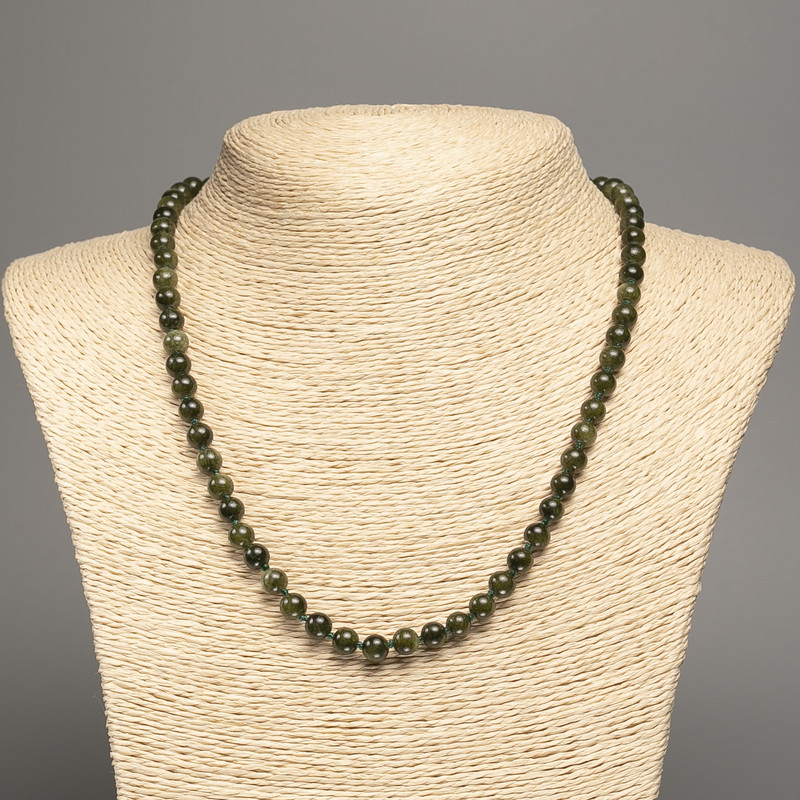 Necklace Green "Snake" smooth bead, diameter 6mm±, length 50cm± with white jade (synthetic dyed)