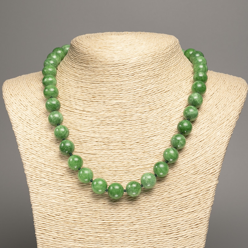 Necklace of green Chrysoprase with smooth 12 mm beads, approx. 50 cm length, made of white synthetic jade (dyed)