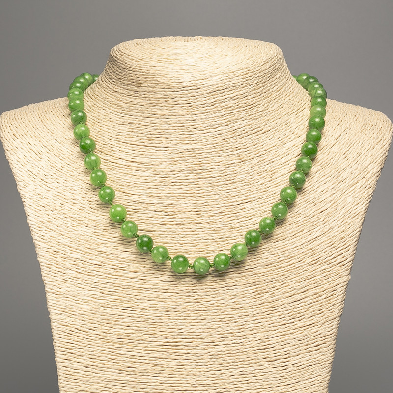 Necklace Green "Jadeite" smooth ball, diameter 8mm±, length 50cm± with white jade stone (synthetic dyed)