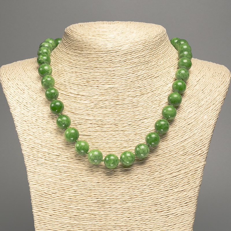 Necklace Jadeite Green Smooth Bead, 12mm diameter, 50cm length, white jadeite (synthetic dyed)