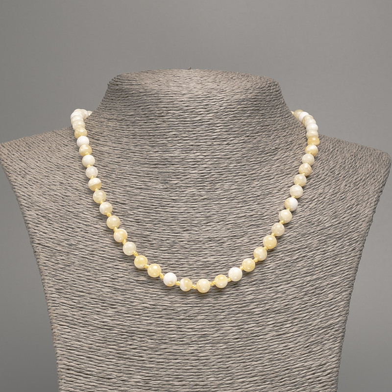 Necklace Yellow-White "Selenite" Smooth Bead, 6mm±, 50cm± Length, White Jade (synthetic dyed)