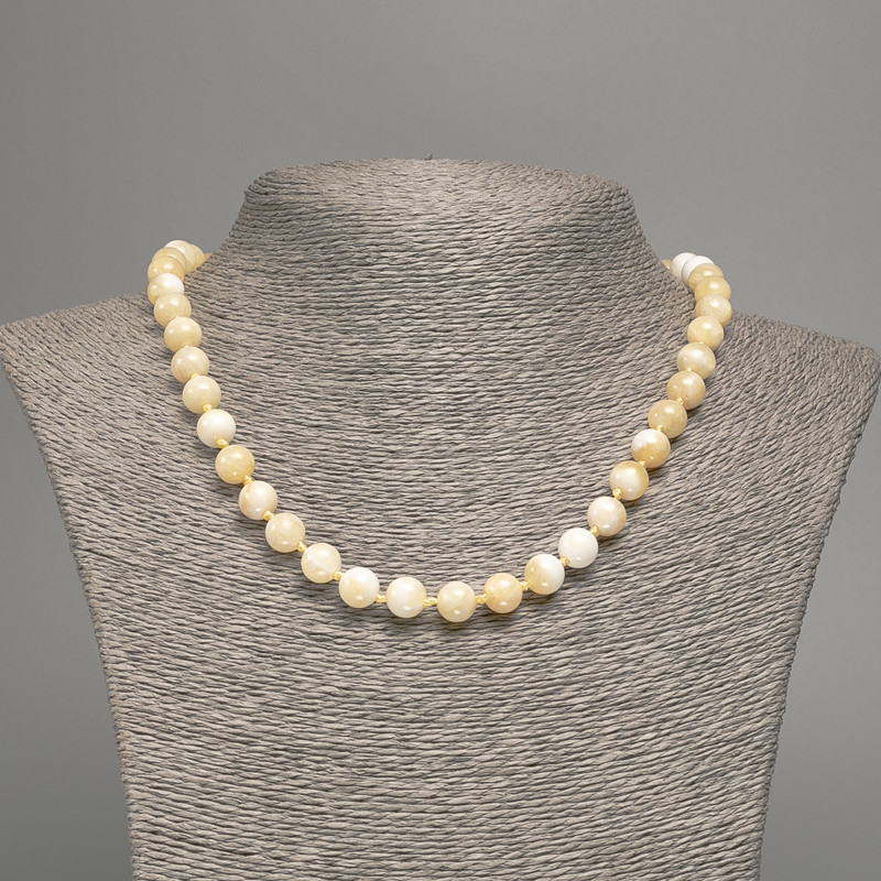 Necklace yellow-white "Selenite" smooth bead, diameter 8mm+-, length 50cm+- made of white jade (synthetic dyed)