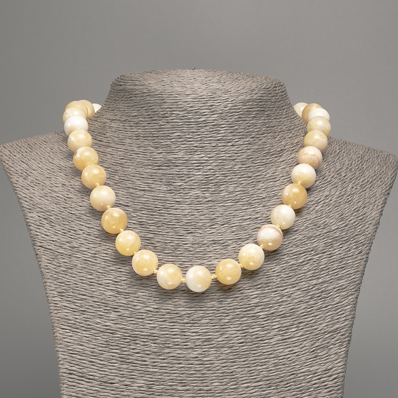 Necklace Yellow and White “Selenite” Smooth Beads, 12mm diameter ±, length 50cm ±, made with white jade (synthetic dyed)