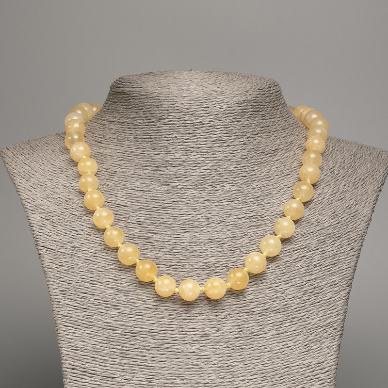 Necklace Pale Yellow “Moonstone” Smooth Beads, 8mm dia. ±, 50cm length ±, made of white nephrite-like synthetic stone (painted)