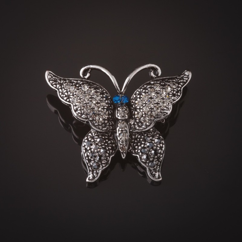 Silver Butterfly Brooch, Gray Stones, Blue Eyes, 3cm