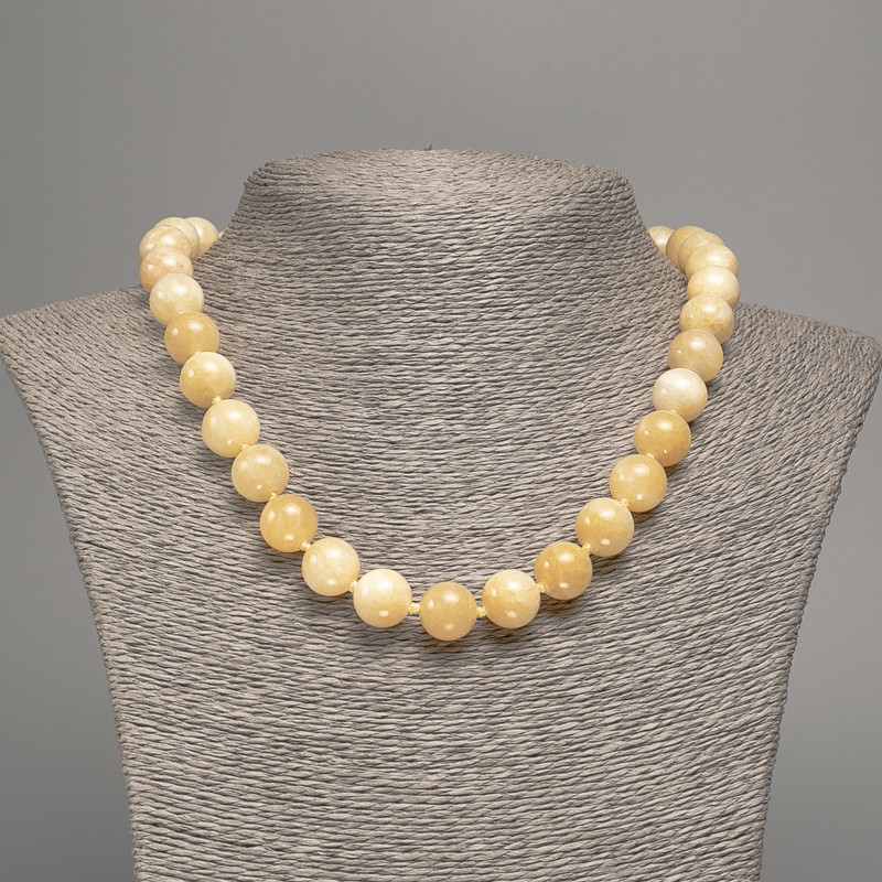 Necklace Pale Yellow “Septarian” smooth bead, diameter 12mm ±, length 50cm ±, made of white jade (synthetic dyed)