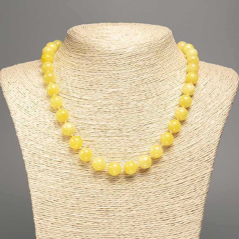 Lemon Yellow Citrine Bead Necklace with Smooth Round Beads, 10mm diameter, ~50cm length, made of white jade (synthetic dyed)