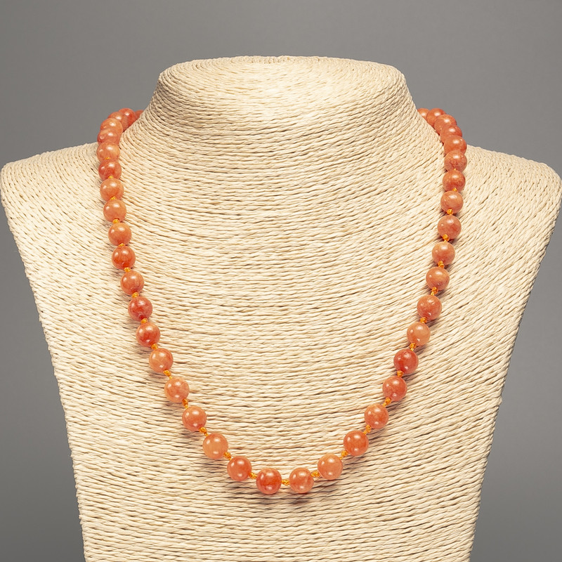 Necklace of Orange Coral, smooth beads, 8mm diameter, length ~50cm, made of white jade (synthetic dyed)
